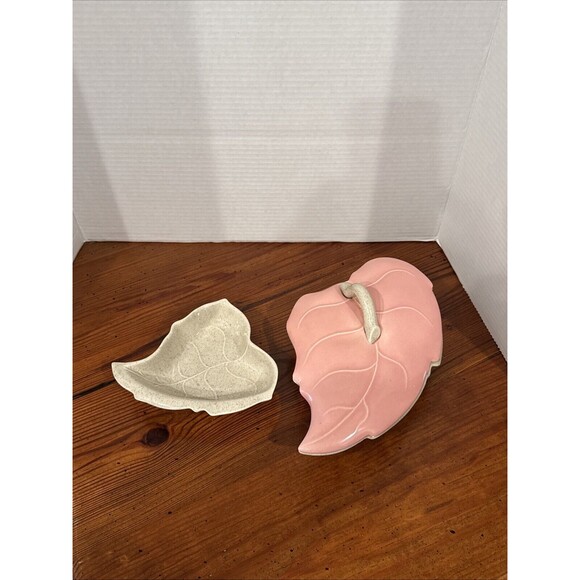 Vintage Valley Vista California Pottery Leaf Dish With Lid Pink And Cream - Picture 13 of 14